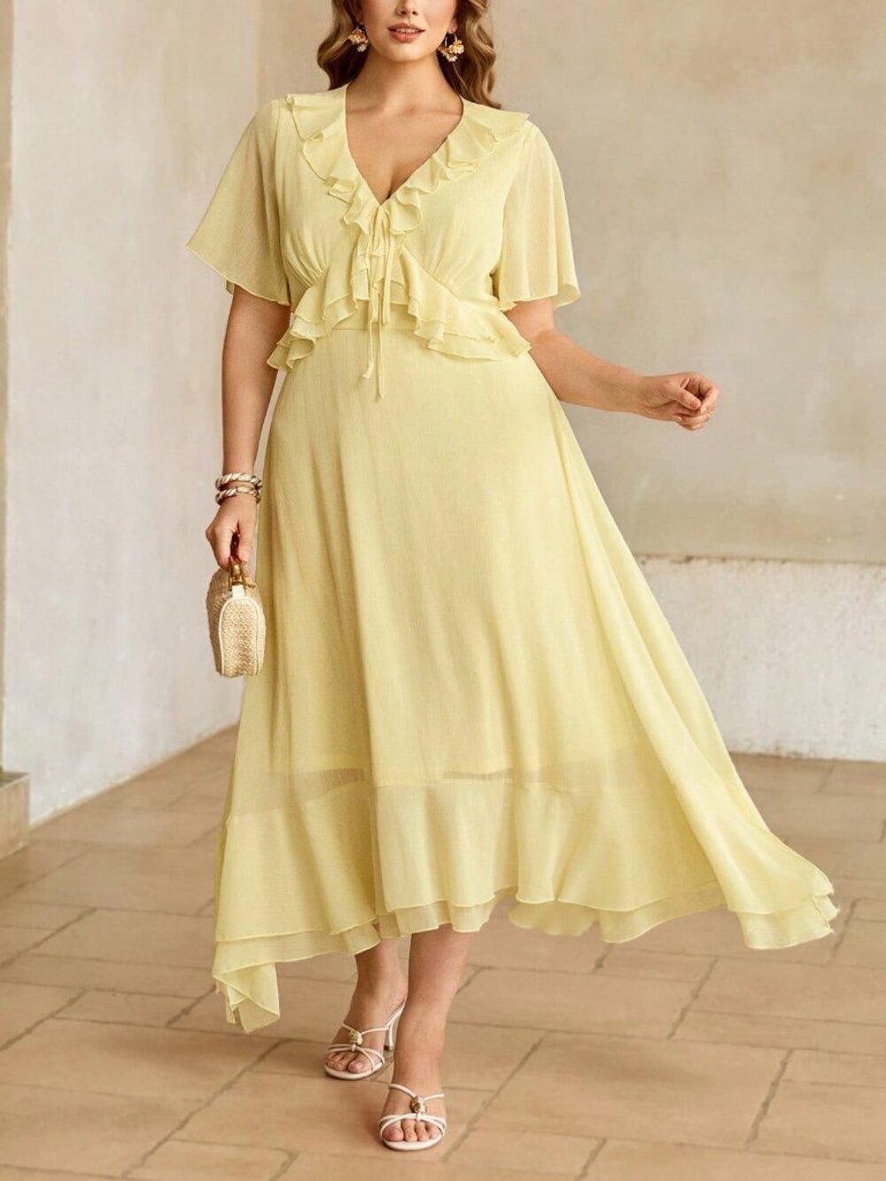 Pale Yellow Elegant Women's V-Neck and Ruffle Hem Chiffon A-Line Maxi Dress